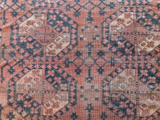 10’3” x 8’4” Ersari Main Rug [114]

An antique Ersari main carpet. With original kilim ends, the pattern displays Ashik gol on a minor border, with a 3X6 gol field with orange and  ...