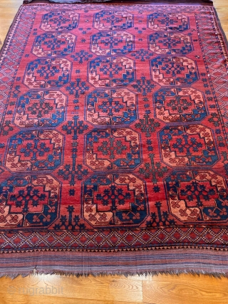 9’1” x 7’1” Rare Ersari Rug [117]

A rare mint condition Antique and Ersari rug. Almost full pile, with a strong green and ocean blue, this rug displays a 3X6 gol pattern (including  ...