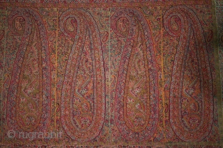 1850th century Kashmir long shawl with multicolours combination. 
Condition & colours are amazing. 
Approximately 9 feets by 4,5 feets.
For more images please do inquire.         