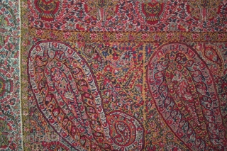 1850th century Kashmir long shawl with multicolours combination. 
Condition & colours are amazing. 
Approximately 9 feets by 4,5 feets.
For more images please do inquire.         