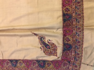 Antique 1830-40th century Indian double sided ( dorukha ) hand woven shawl on cream woollen pashmina, Magnificent masterpiece itself’ shawl is in excellent condition’ colours are really bright looks beautiful,   