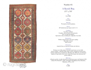 Kazak Rug, 3'7 x 7'8. For a full description of this rug, see Image #2. (Inventory Number 63.)               