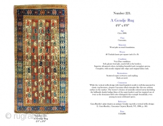 Gendje Rug, 4'0 x 8'0. For a full description of this rug, see Image #2. (Inventory Number 221.)               