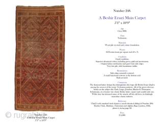 Beshir Ersari Main Carpet, 5'1 x 10'9. For a full description of this carpet, see Image #2. (Inventory Number 248.)             