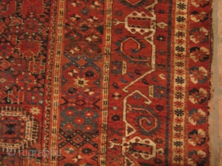 Beshir Ersari Main Carpet, 6'7 x 13'10. Circa 1875. Nearly complete, and scarce so, with Herati and Khotan main borders and the five-medallion Herati field pattern. Very restorable, with the usual scattered  ...