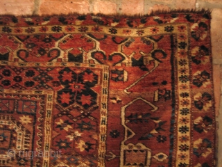 Beshir Ersari Main Carpet, 6'7 x 13'10. Circa 1875. Nearly complete, and scarce so, with Herati and Khotan main borders and the five-medallion Herati field pattern. Very restorable, with the usual scattered  ...