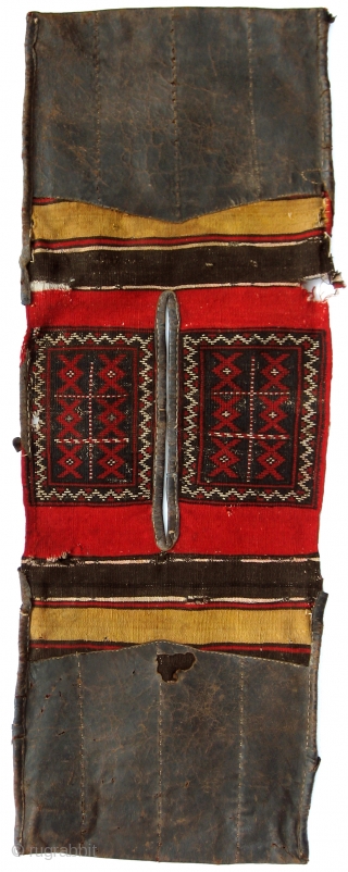 Anatolian Heybe complete bag set, 18" x 49". 63 kpsi (7x9). Circa 1900. Nearly complete, with good natural indigo, gold, brown and red colors. No tip fading. Condition is shown in the  ...