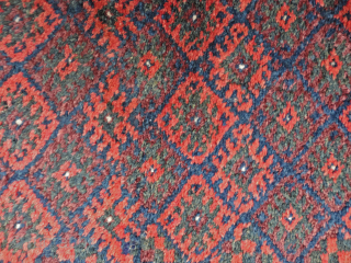 Belouch Rug. 1'6 x 3'4 including generous ends.... 64 knots per sq in (8x8).... Asymmetric knots, open right.... Thick pile, nearly full.... Design perfected toward top after experimental start.... Double wefted.... Non-original  ...