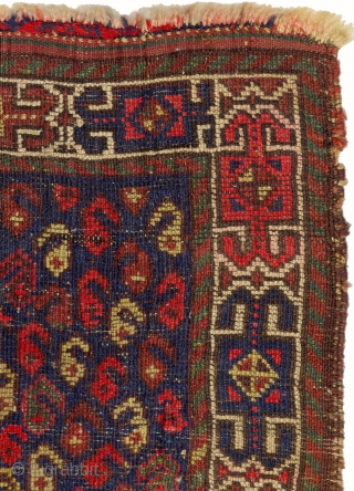 Belouch Rug, 1'6 x 2'7. Fresh find. Distinguished by the hint of a mihrab, shown in main image above. (See Ralph Kaffel, Caucasian Prayer Rugs, Plate 36, for a discussion of a  ...