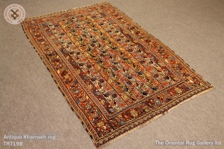 Antique Khamseh rug. Naturally dyed wool on a wool foundation
Complete and original sides and ends restoration 
1.80m x 1.21m              