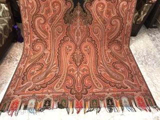 Vintage French Kashmir paisley shawl with fine  jamawar design in vibrant colour combinations of 1870 s the size of the shawl is 330cm X 160cms.       