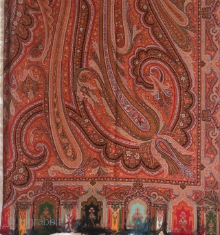 Vintage French Kashmir paisley shawl with fine  jamawar design in vibrant colour combinations of 1870 s the size of the shawl is 330cm X 160cms.       