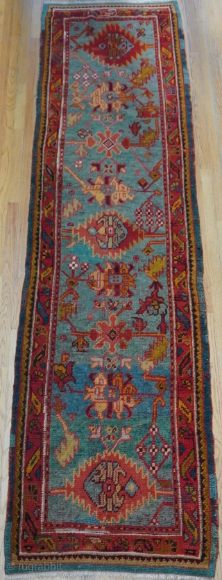 Antique Turkish Oushak Turquoise Runner Wool Rug, it is (3' x 11'5"ft.) amazing colors, professionally hand washed recently, wonderful antique condition. 
           