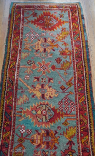 Antique Turkish Oushak Turquoise Runner Wool Rug, it is (3' x 11'5"ft.) amazing colors, professionally hand washed recently, wonderful antique condition. 
           