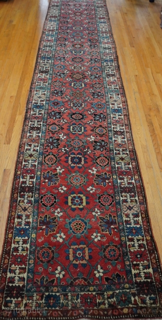 Antique Heriz Persian rug long runner, circa 1900s, it is 3.5 x 18 ft. very good antique condition, professionally hand washed recently.           