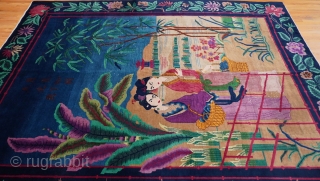 Pictorial Antique Art Deco Chinese Signed Two Ladies Oriental Rug, size is (8'10" x 11'6" ft), amazing colors, overall it is in wonderful condition with respect to its age, very tightly woven,  ...