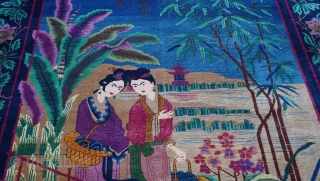 Pictorial Antique Art Deco Chinese Signed Two Ladies Oriental Rug, size is (8'10" x 11'6" ft), amazing colors, overall it is in wonderful condition with respect to its age, very tightly woven,  ...