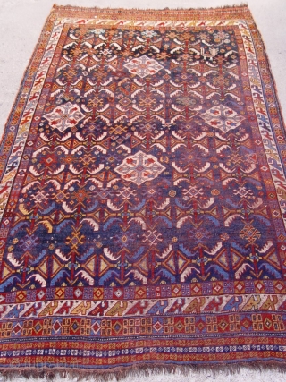 Antique Persian Khamseh , 4' x 7'8"ft. 122 x 324 cm. shows an image of one bird/chicken, good original condition, has some areas with lower pile, .      