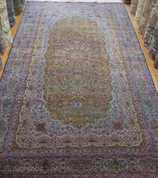 Antique Ravar Kerman with mustard gold field large rug, ca.1880s, the size is (10' x 18' ft.) contact: thetriballooms@yahoo.com              
