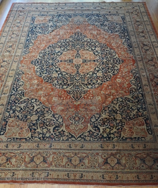 Antique Haji Jalili Tabriz Persian Oriental rug , circa 1840 - 1880's, size: 9' X 13'ft. (275 x 395 cm.), good condition, no repairs, medium to low wool pile, hand washed and  ...