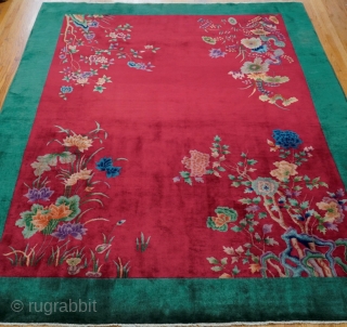 Art Deco Chinese oriental Rug ca. 1920s, size (8'9" x 11'5" ft) excellent condition, professionally hand washed and cleaned just recently.            