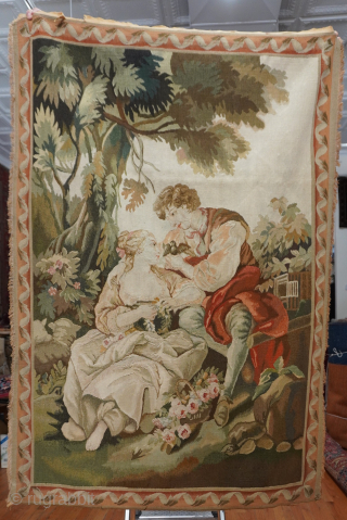 Antique French Aubusson Pictorial Tapestry Hand Woven Wall-Hanging, stunning colors, excellent condition, professionally hand washed, no odors, no stains, no holes, size is (3'9" wide x 5'6" tall).     