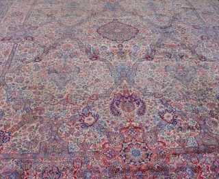 Persian Lavar Kerman ca. 1920's, measures 12'9" x 17'ft. (389 x 519 cm.) excellent original condition,full pile throughout the rug, hand washed and cleaned, no repairs, the sides and ends are complete.  ...