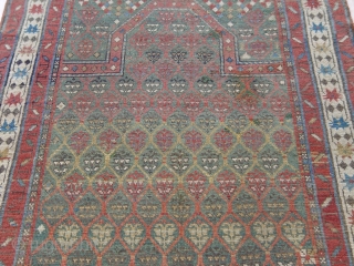 Antique Caucasian Karabagh prayer rug, size 2.11 x 4.11 ft.(59 x 119 cm), 100 % wool, beautiful green background.              