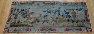 Antique Tapestry Pictorial War Scene Hand Woven ca. 19th Century or older, H 3'x W 7.2 ft. with gold woven.