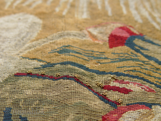 Antique Tapestry Pictorial War Scene Hand Woven ca. 19th Century or older, H 3'x W 7.2 ft. with gold woven.