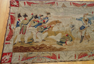 Antique Tapestry Pictorial War Scene Hand Woven ca. 19th Century or older, H 3'x W 7.2 ft. with gold woven.