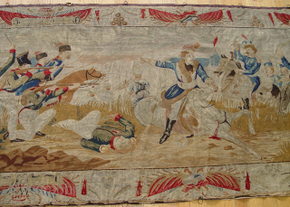 Antique Tapestry Pictorial War Scene Hand Woven ca. 19th Century or older, H 3'x W 7.2 ft. with gold woven.