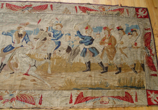 Antique Tapestry Pictorial War Scene Hand Woven ca. 19th Century or older, H 3'x W 7.2 ft. with gold woven.