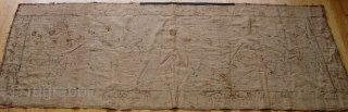 Antique Tapestry Pictorial War Scene Hand Woven ca. 19th Century or older, H 3'x W 7.2 ft. with gold woven.