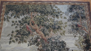 French Aubossun Hand Woven Tapestry with Birds Trees Dog Landscape second half 20th century, the size is 5'x7' ft. excellent condition.            