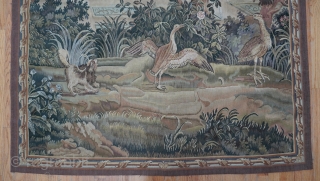 French Aubossun Hand Woven Tapestry with Birds Trees Dog Landscape second half 20th century, the size is 5'x7' ft. excellent condition.            