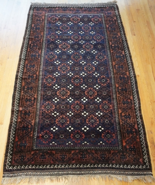 Antique Balouch Yaqub Khani large rug with Mina Khani design, size: 5'1" x 9'1" ft (155 x 277 cm.) blue filed, turn of the century, wonderful original condition, no wears, no stain,  ...
