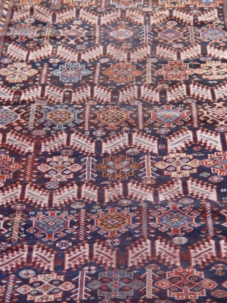 Antique Persian Qashqai tribal rug, circa 1880's or older, 5'6" x 10'4"  ft. blue background, some minor areas of lower pile, no restorations.         