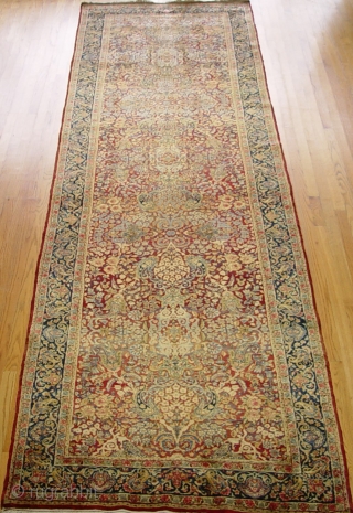 Antique Ravar Kerman Persian runner measures 4'1" x 14'7" (124 x 444 cm.) circa 1900 or older , great original condition, remarkable piece with stunning colors, no repairs, no wears, full pile  ...