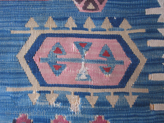 Lovely anatolian kilim, 1850, half, corroded black, beautiful different shades of red/pinks and blue/green blues                  