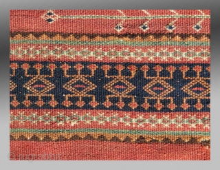 Baluch Kilim (fragment), SW Pakistan/SE Persia, 19th C., approx 1'7" x 3'1"

An older fragment exhibiting designs and colors not often seen in these flat weaves. 

See detail image for 'damage' in the  ...