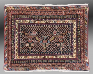 Afshar Bag Face, S. Persia, 19th C., 2'8" x 2'

An unusual design, with minor repair - lower left edge (2) - see detail images

Minor repair, upper end with same amount of repair  ...