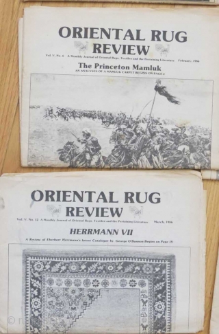 Old issues of Oriental Rug Review dating to 1984, 1985 and 1986... not complete but in reasonable condition.  

If you're unfamiliar with this publication, it was one of the early rug  ...