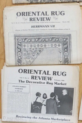 Old issues of Oriental Rug Review dating to 1984, 1985 and 1986... not complete but in reasonable condition.  

If you're unfamiliar with this publication, it was one of the early rug  ...