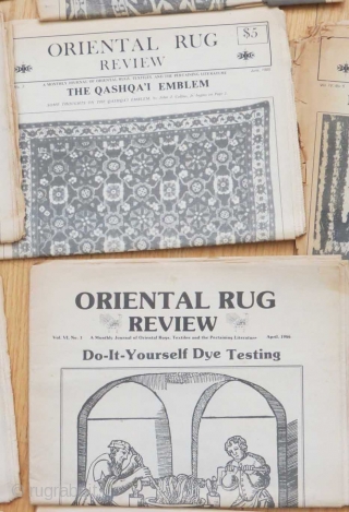 Old issues of Oriental Rug Review dating to 1984, 1985 and 1986... not complete but in reasonable condition.  

If you're unfamiliar with this publication, it was one of the early rug  ...