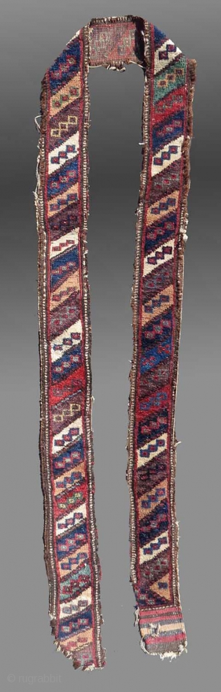 Baluch Animal Trapping/Band, SE Persia, 19th C., 4" x 8'8"

No one has satisfactorily explained or depicted the exact function of these bands but it is safe to assume they served some special  ...