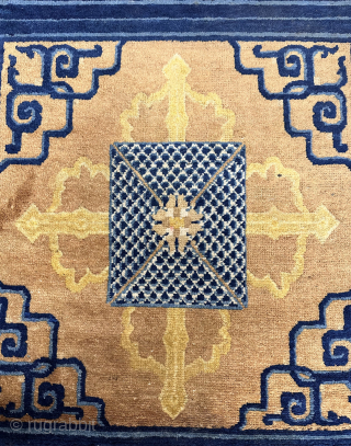 Nyingxia mat. An unusual rendering of the classical double Dorje motif overlayed with a geometric device that may be suggestive of Dragon scales. Lovely wool. Overcast edges
31 x 63 inches
19th century
China

please contact  ...