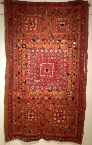 Sindhi embroidery. 
19th Century. (1860-1880). 
42 x 60 inches.
condition is delicate. Silk embroidery on cotton. Some corrosive dye on the silk thread.
Lovely and early.
Pakistan. (Possibly Mithi region od sindh)    