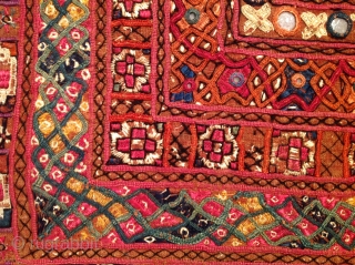 Sindhi embroidery. 
19th Century. (1860-1880). 
42 x 60 inches.
condition is delicate. Silk embroidery on cotton. Some corrosive dye on the silk thread.
Lovely and early.
Pakistan. (Possibly Mithi region od sindh)    