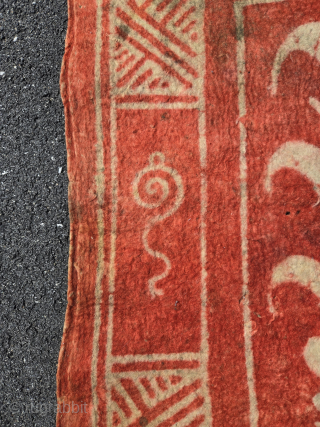 Mongolian felt. Resist dyed. Made for the Tibetan market. SAourced in Lhasa in the early 1990s. In found condition with minor distress and original Tibetan repairs.
Please contact at tmond106@gmail.com    